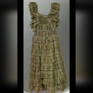 Ulla Johnson Darcey Plaid Bow Ruffle Midi Long Dress Size 10, Prarie Grass